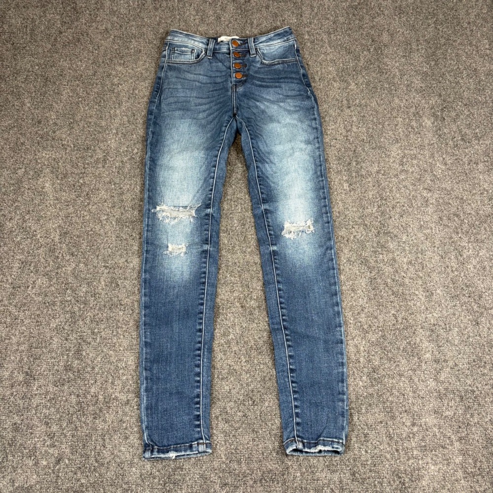KanCan Signature Womens Distressed Skinny Jeans Blue Button Fly Size 26